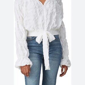 Moon River White Ruffled Tie Front Blouse with Long Sleeves